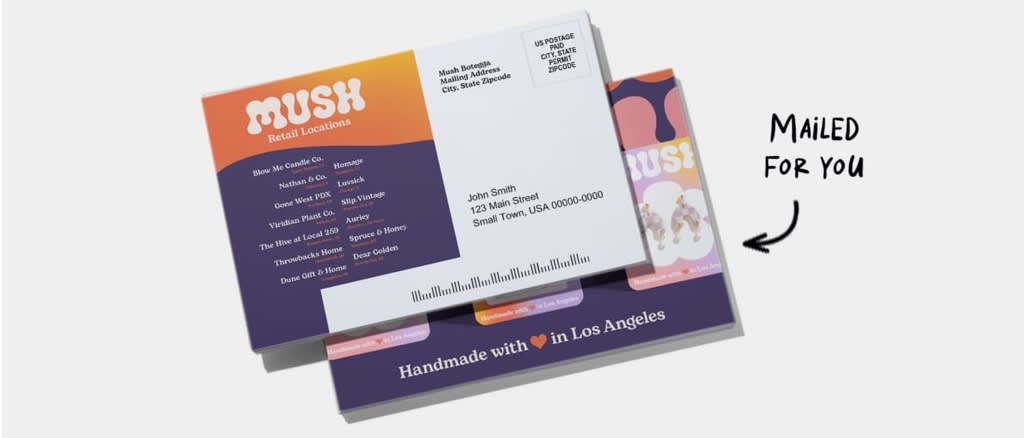 Example of a printed postcard style mailer with shop locations for a small business’ products.