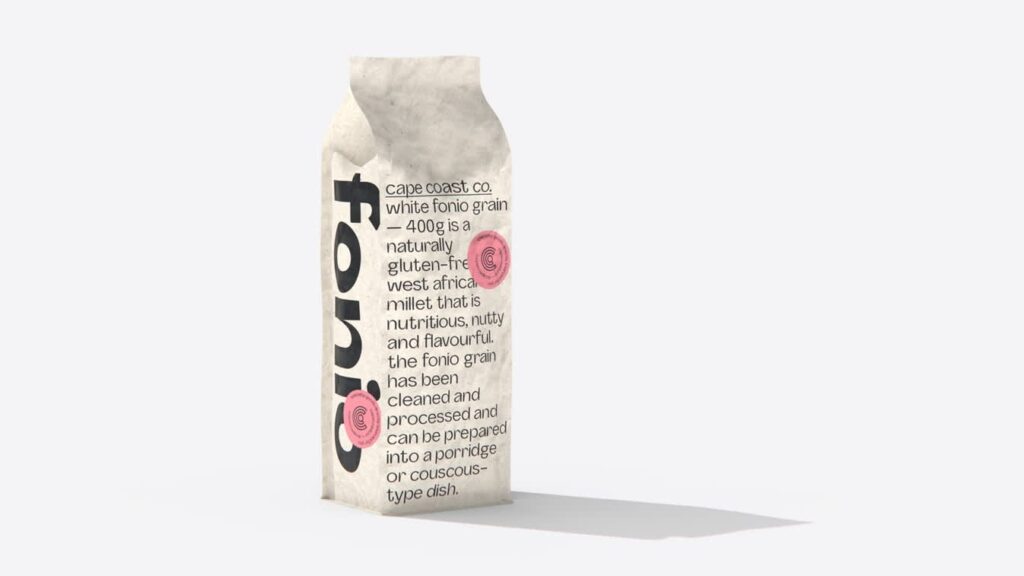 Minimalist grain packaging with vertical typography layout and textured paper finish.