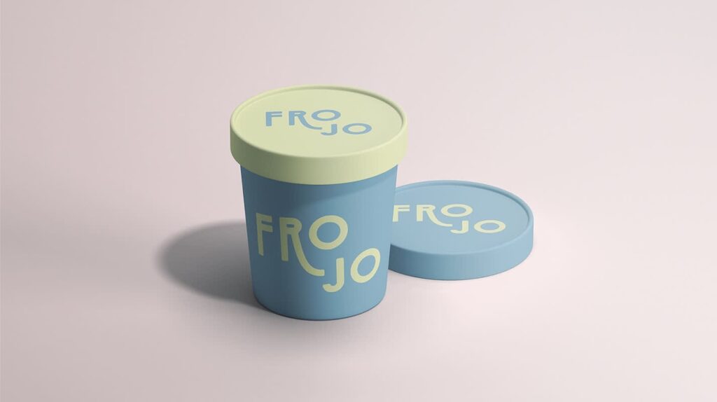 Minimalist ice cream packaging design featuring a pastel blue tub with a soft yellow lid, clean sans-serif logo placement and a muted color palette.