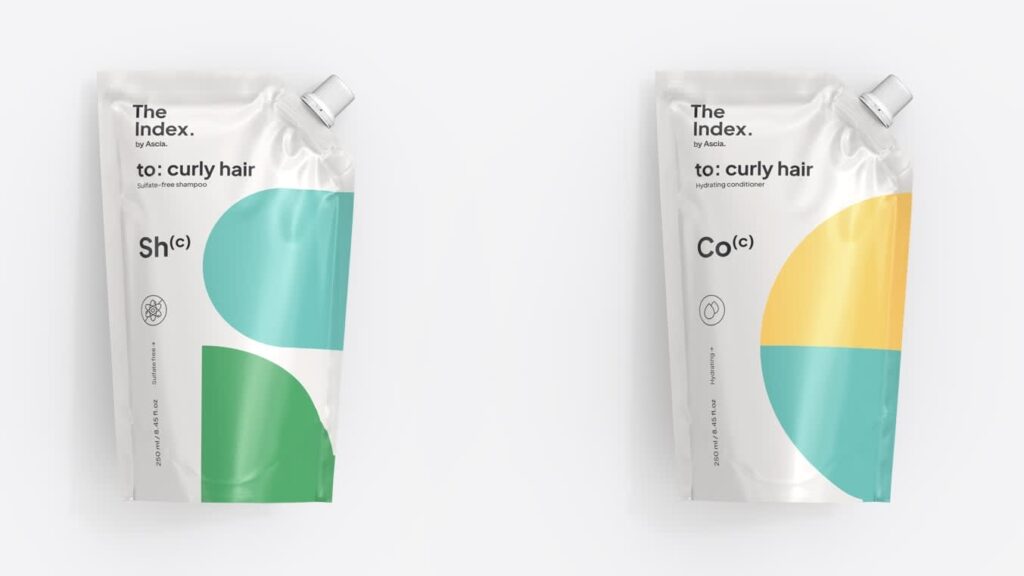 Minimalist packaging design for haircare products featuring white refill pouches with bold geometric shapes in teal, green and yellow, clean sans-serif typography and retro 80s/90s-inspired minimalist branding.