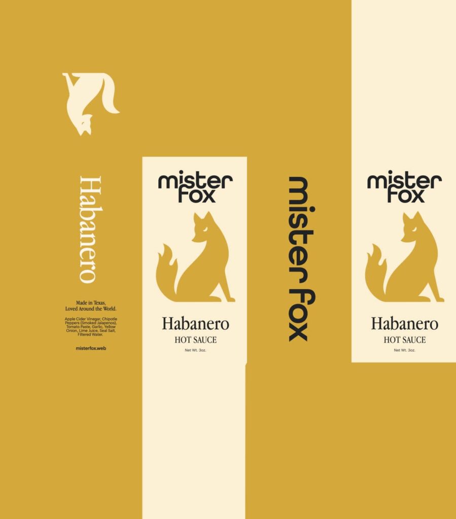 Minimalist packaging design for hot sauce featuring bold mustard yellow and cream color palette, clean layout with strong vertical alignment, simple fox illustration and clear typography highlighting brand and product name.