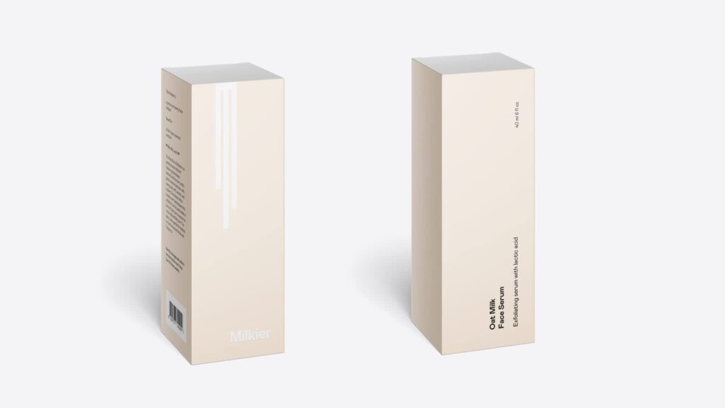 Minimalist packaging design for skincare featuring neutral beige rectangular boxes with clean typography, subtle graphic accents and a simple layout focused on product name and essential information.