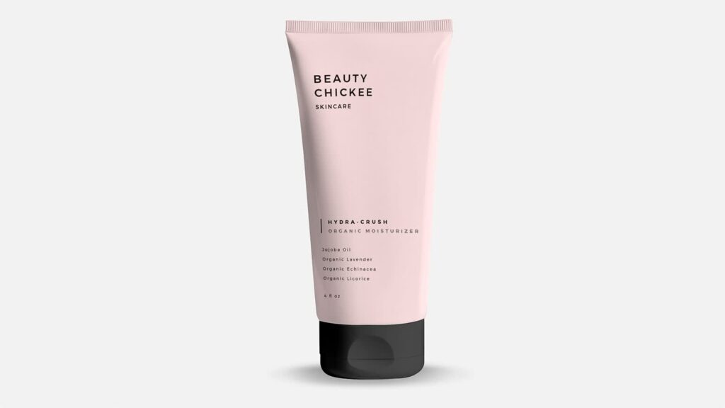 Minimalist skincare packaging design featuring a soft pink squeeze tube with black cap, clean sans-serif typography and a simple layout highlighting product name and key ingredients on a neutral background.