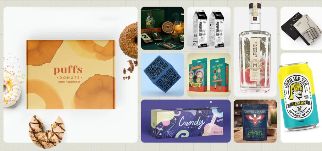 A selection of 10 product packaging in a variety of colors and styles including yellow and turquoise can for hard ice tea brand and candy brand box featuring swirling purple and pink cosmic design.