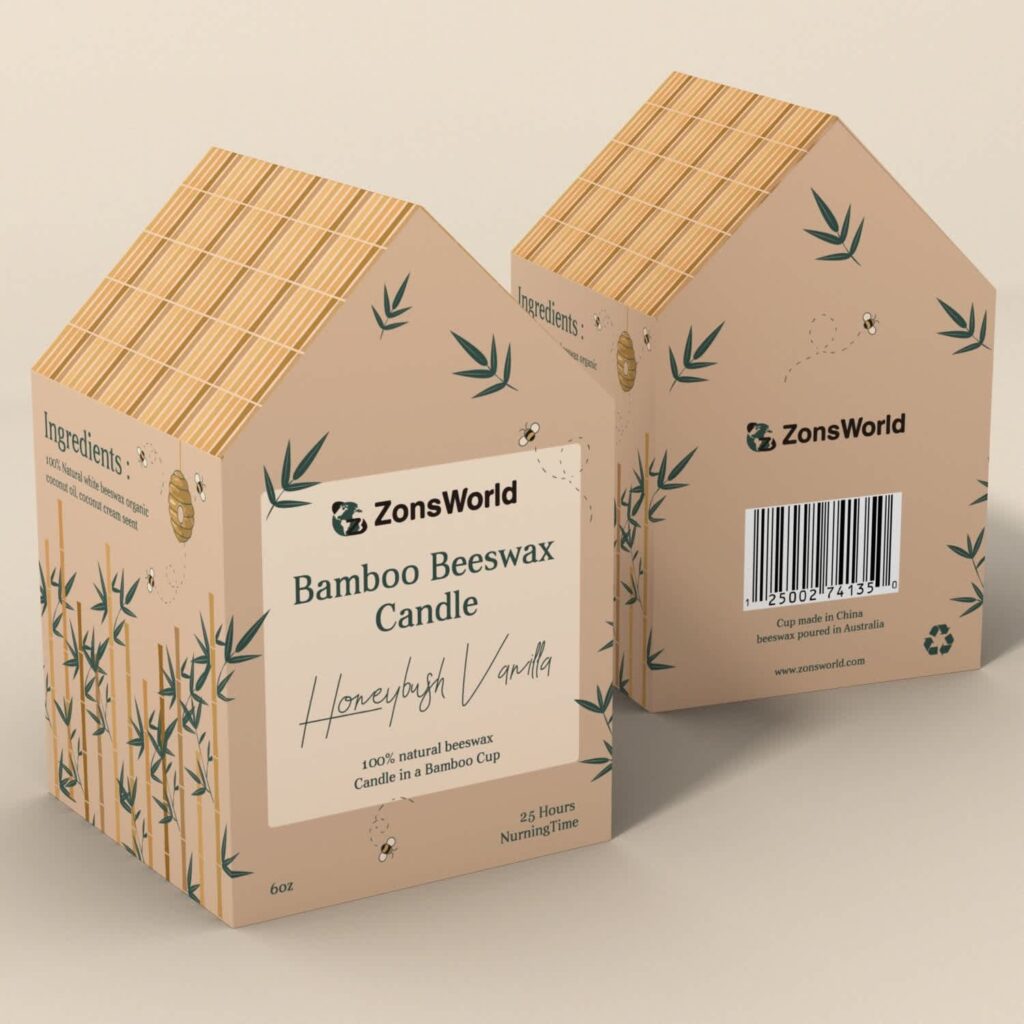 Retail packaging design for bamboo beeswax candles featuring house-shaped cardboard boxes with nature inspired branding.