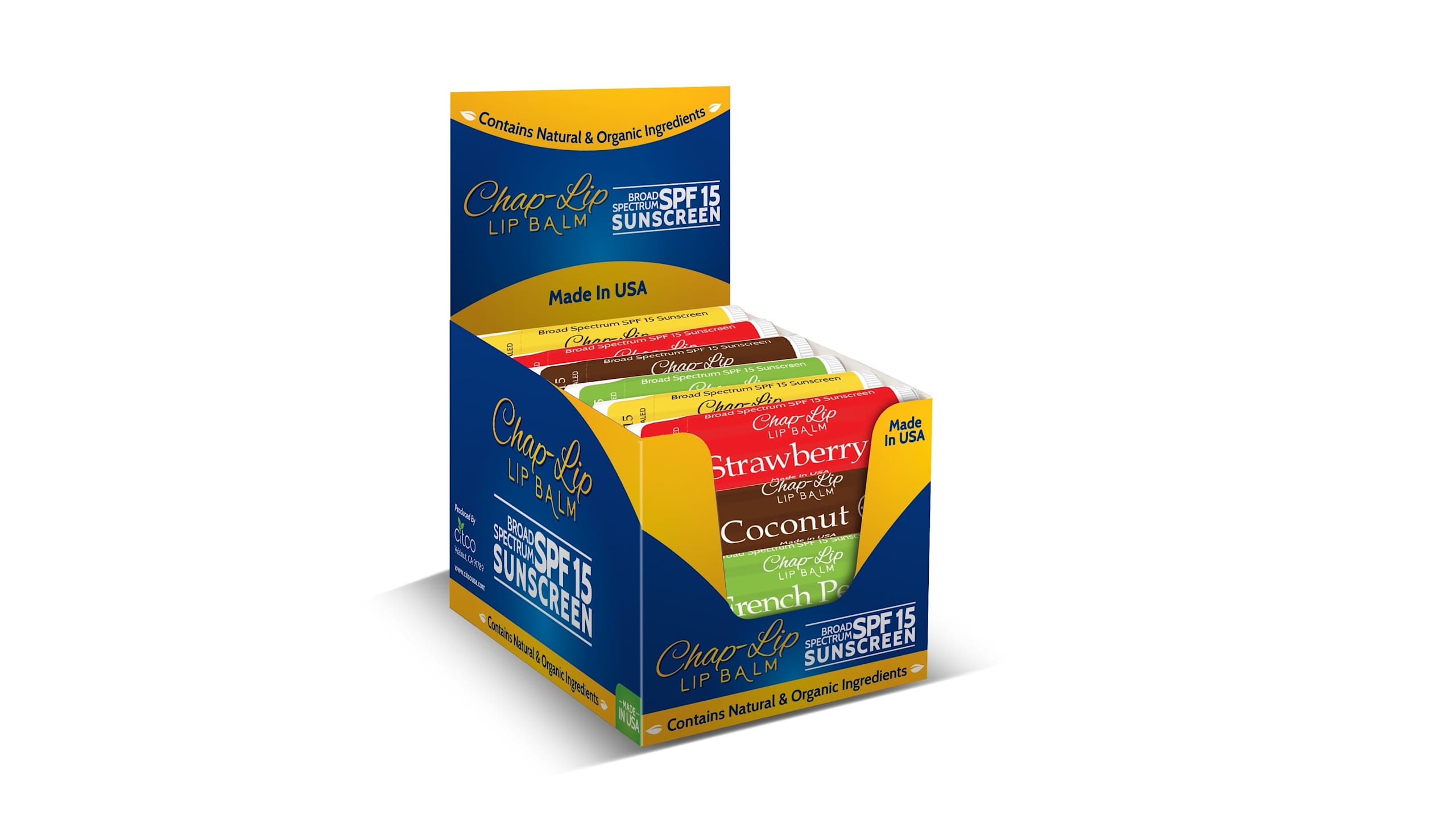 Shelf-ready lip balm display box featuring colorful SPF lip balm products in a branded retail-ready countertop packaging design.