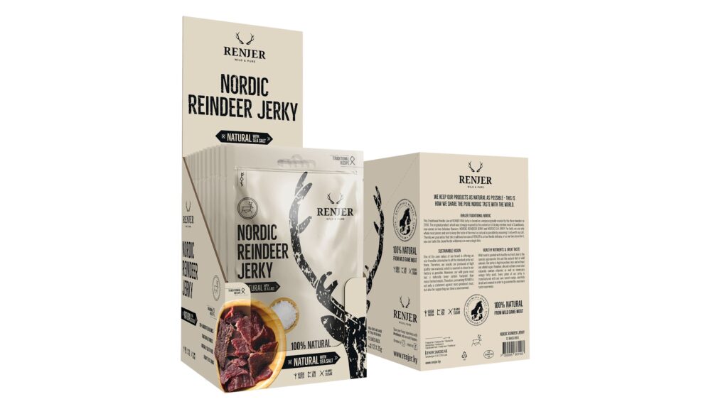 Shelf-ready packaging design for Nordic reindeer jerky features coordinated tray and individual products with eye-catching color picture of the jerky pieces.