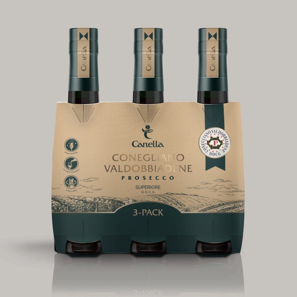 Shelf-ready wine packaging featuring multipack cardboard trays and individual bottled Prosecco with branded retail-ready display designs.