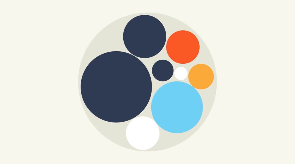 Visual representation of the design element Framing features a large circle holding several smaller circles of various colors.