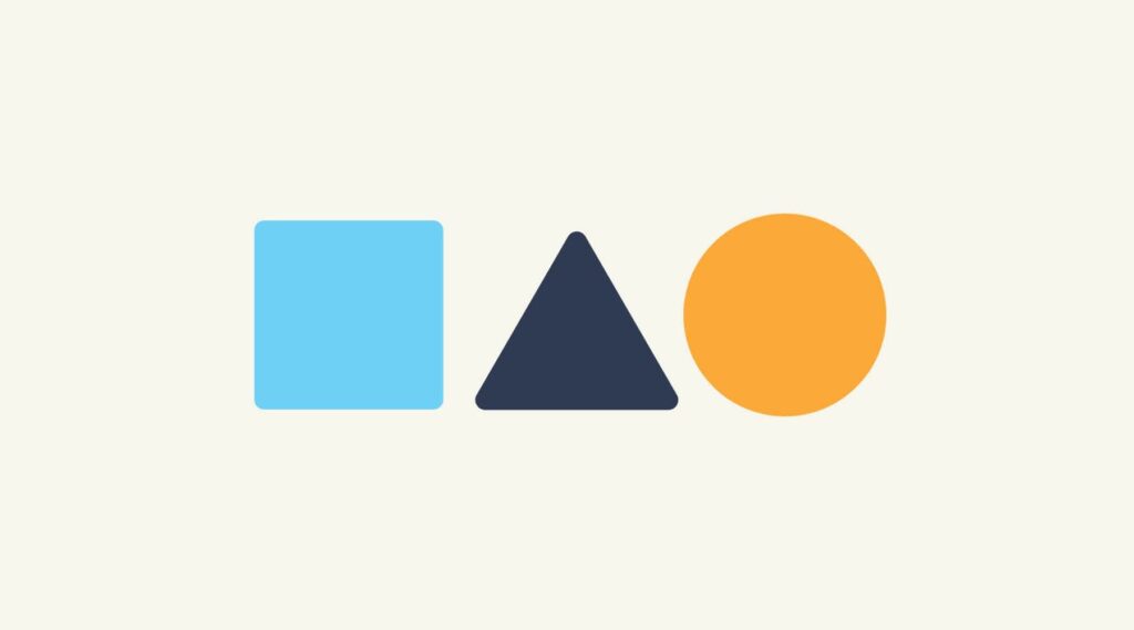 Visual representation of the design element Shape features a light blue square, a dark blue triangle and an orange circle, all of about the same size.