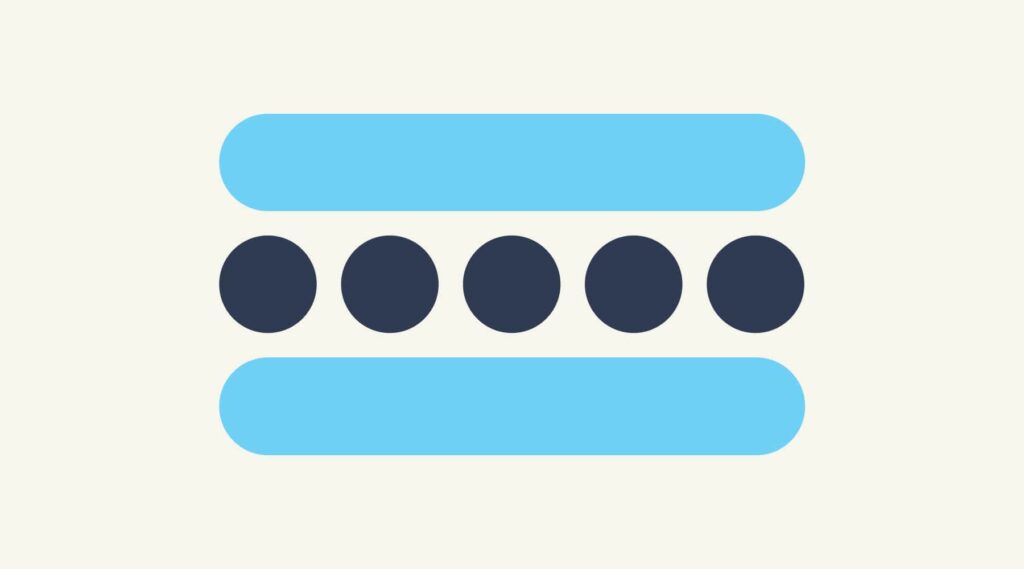 Visual representation of the design principle Balance & Alignment features two equal-weight light blue lines with a row of discreet navy dots between.