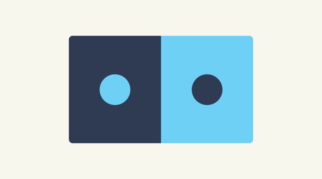 Visual representation of the design principle Contrast features a rectangle made of two sides: one dark blue with a light blue dot and the other light blue with a dark dot.