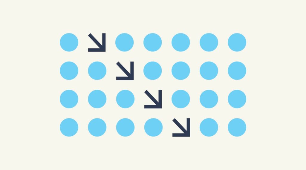 Visual representation of the design principle Movement features a rectangle made of small light blue circles and a diagonal line of arrows pointing down and right.