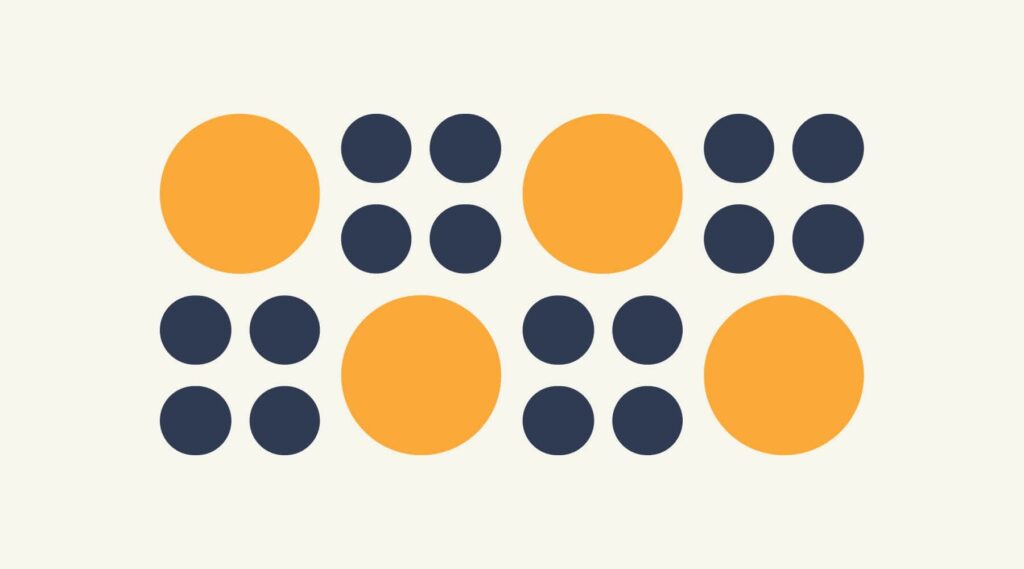 Visual representation of the design principle Proportion features a rectangle made of large orange circles balanced proportionally to sets of four smaller blue circles.