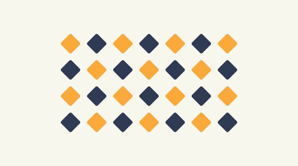 Visual representation of the design principle Repetition features a rectangle made of smaller discreet diamond shapes in alternating orange and dark blue.