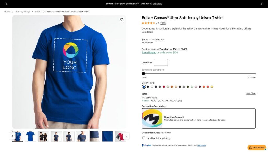 Website design page of Vista with a T-shirt and a place for “your logo” on the front.