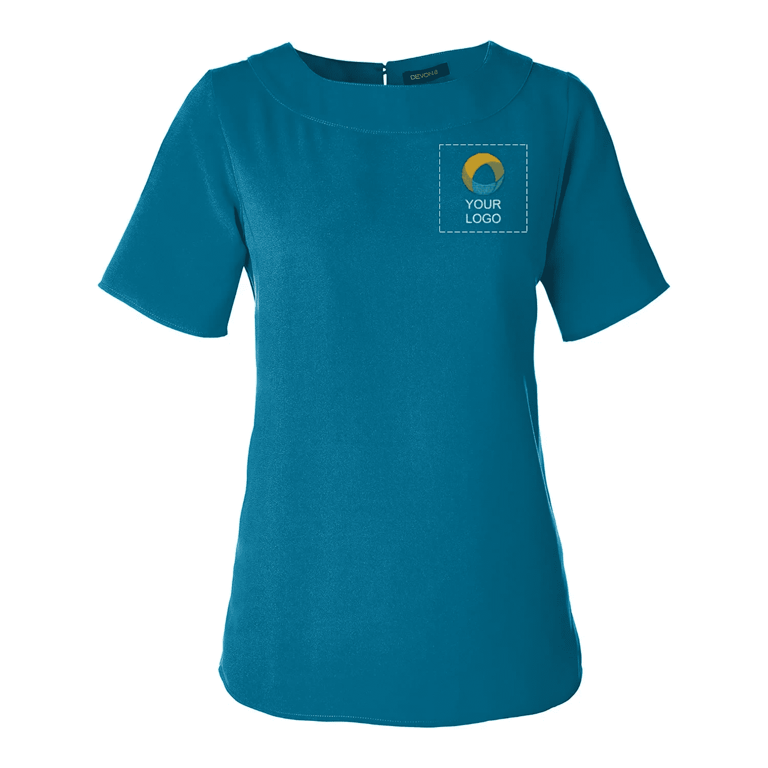 A dark teal boat neck T-shirt with the front left logo placement