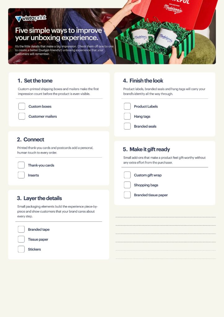Checklist showing affordable ways small businesses can improve the unboxing experience with custom packaging.