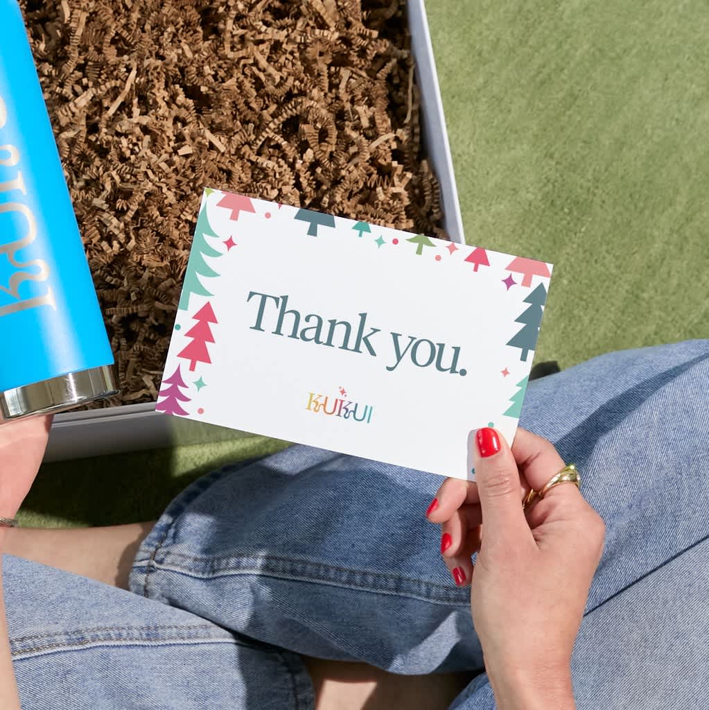 A festive thank-you card with box packaging.