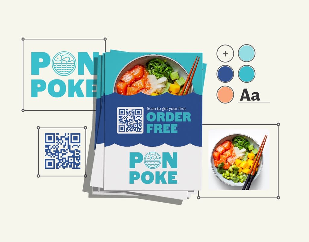 A flyer for a poke shop promoting first order free with QR code and photo of poke bowl, with the separated assets: logo, QR code, photo and color palette around the outside.