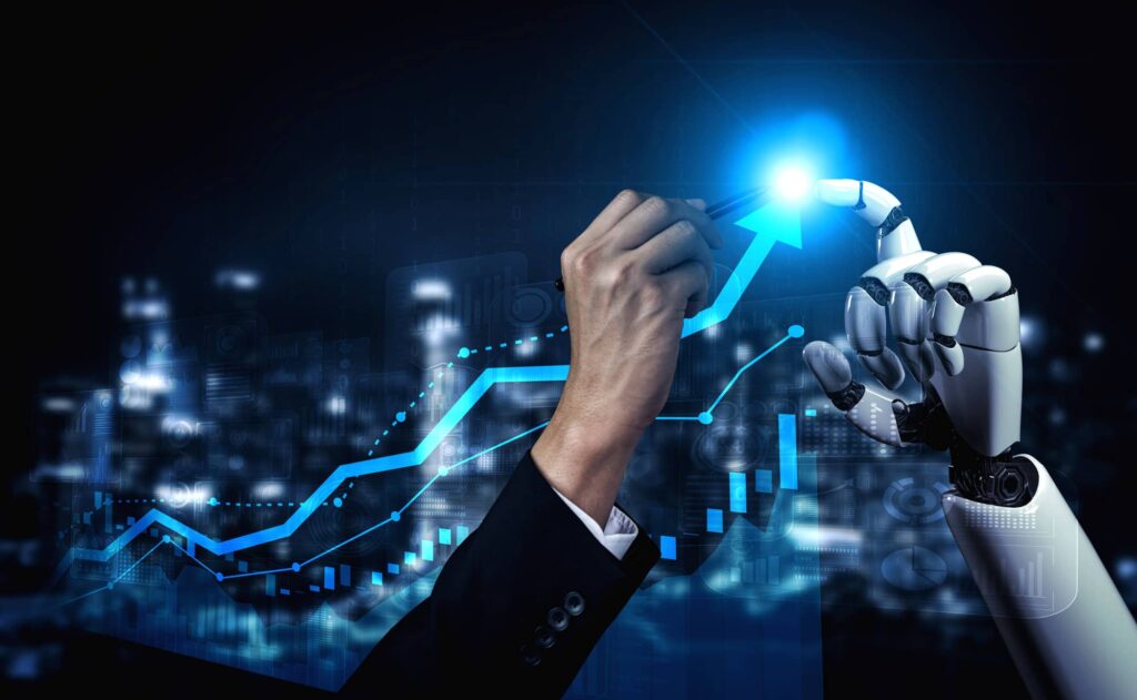 Human hand and robotic hand drawing an upward arrow over a digital city background.