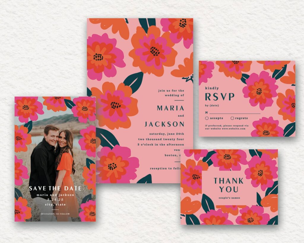Pink wedding stationery set with bold red and orange floral print.