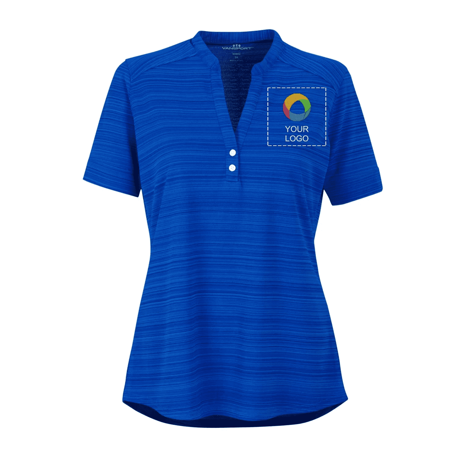 A striped navy blue Henley neckline T-shirt with the logo placed on the left chest