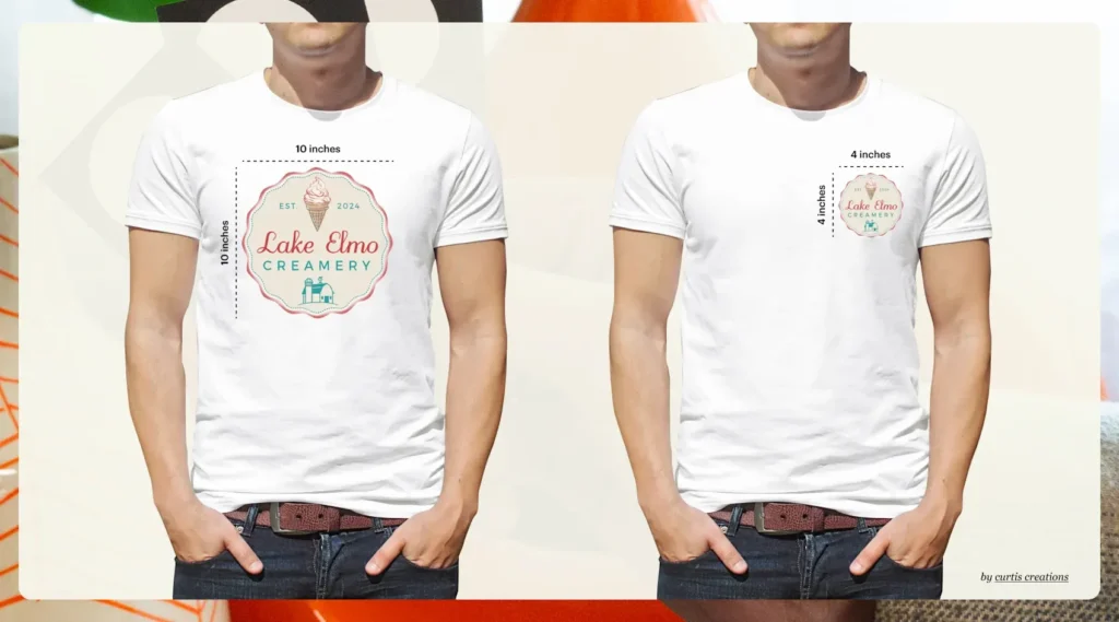 Technical blueprint illustrating front T-shirt print placement coordinates including center chest, left chest, full front, and oversize front printing specifications with precise inch guidelines from the collar line.