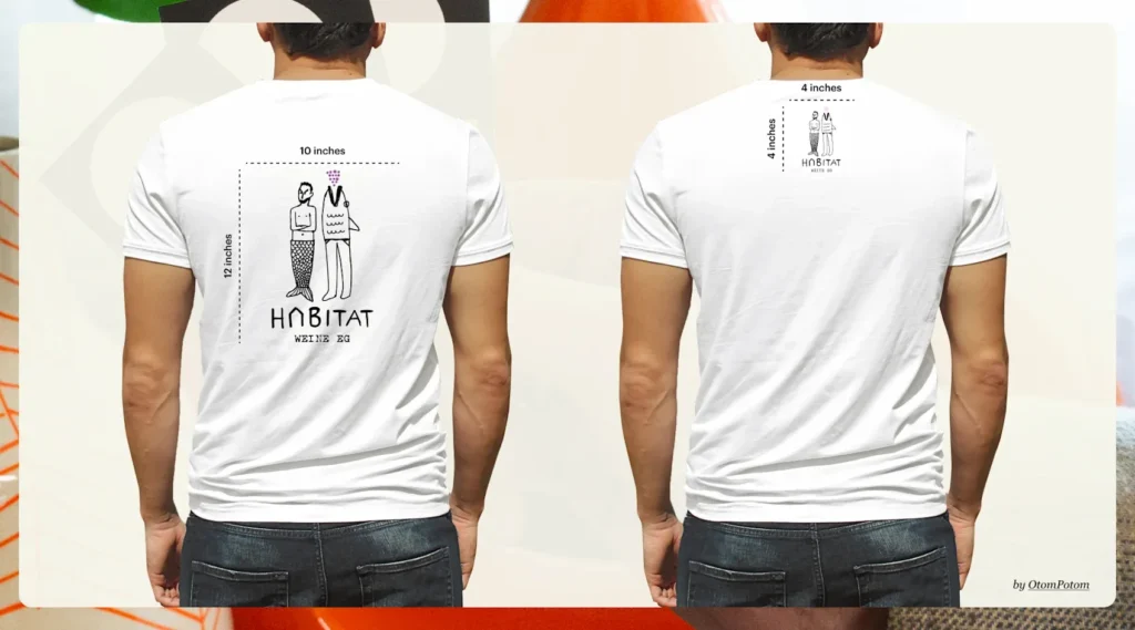 Technical grid diagram mapping out back T-shirt design positioning zones including back collar branding, upper back lettering spans, and full back graphic boundary lines with exact placement measurements.