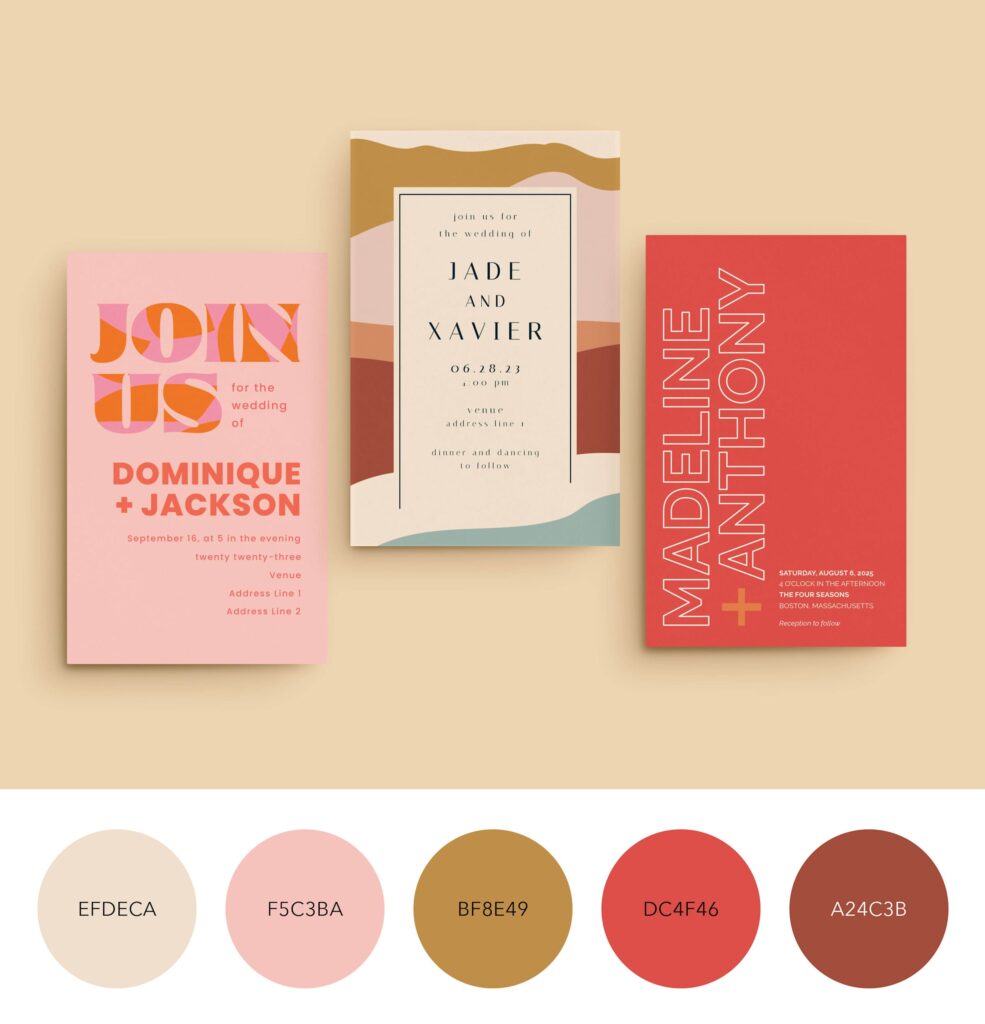Three wedding invites with bold designs: pink with bold orange font, stripes in sandy tones and red with vertical lettering.