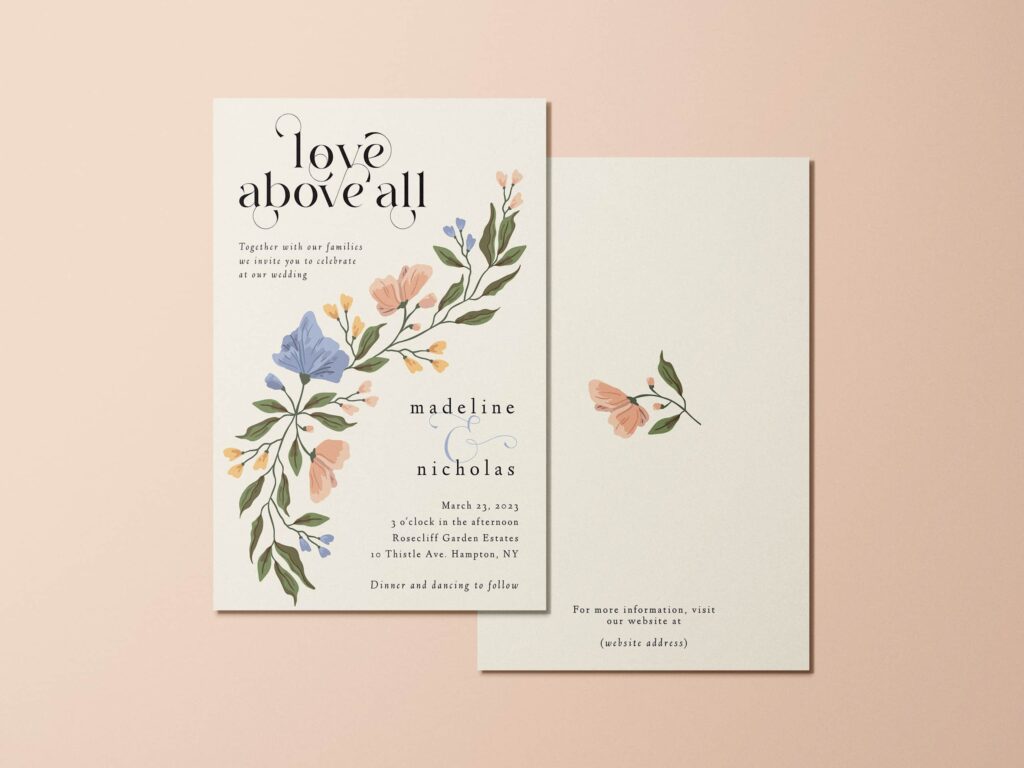 Wedding stationery with a romantic floral design.