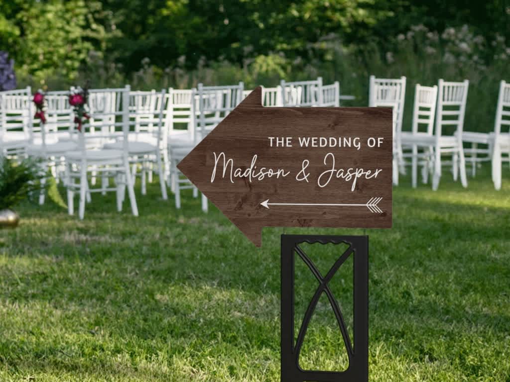 A wooden wedding sign in the shape of an arrow with hand-written text.