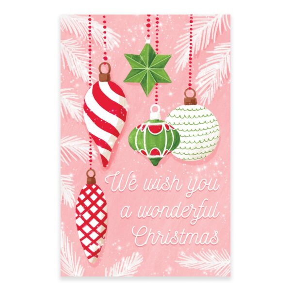 Pink illustrated Christmas card with hanging red, green and white ornaments and the message &ldquo;We wish you a wonderful Christmas.&rdquo;