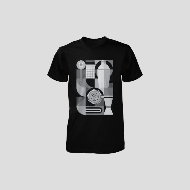 Black T-shirt with large grey graphic of cocktail shaker, measurer and strainer.