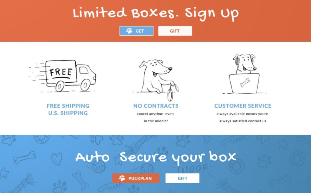 Blue and orange website color contrast design example with blue and orange primary CTA buttons.