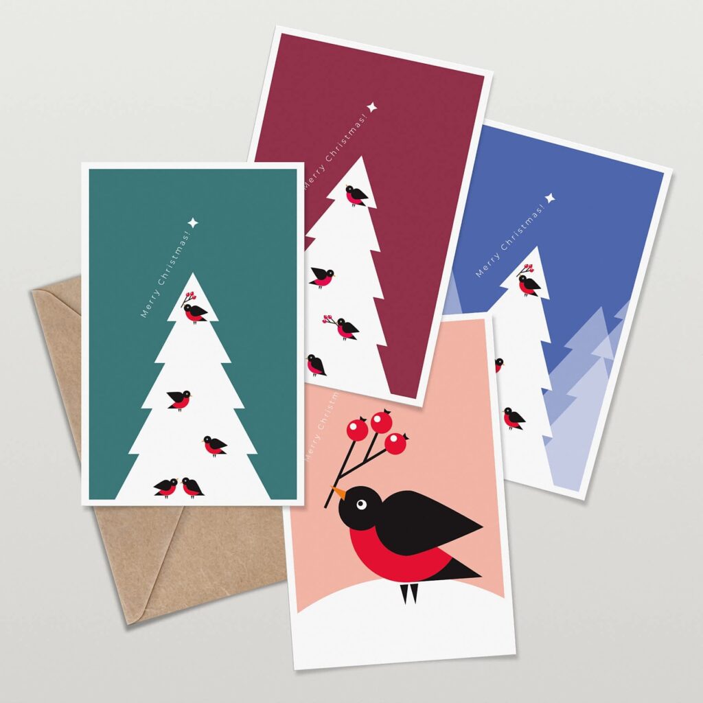 Christmas cards in a range of standard Christmas card sizes and portrait and landscape orientations featuring minimalist robin designs.
