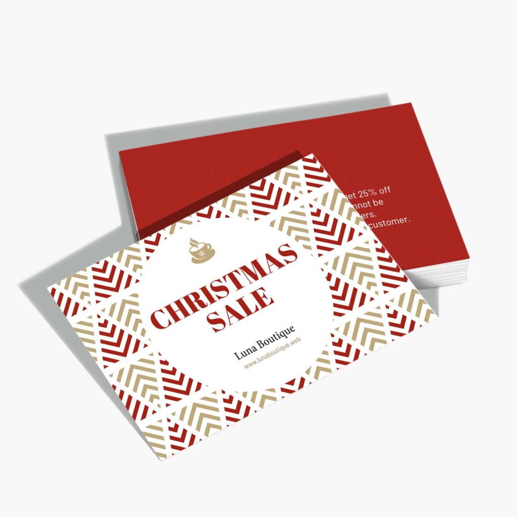 Branded Christmas sale postcard featuring a festive geometric pattern and promotional offer.