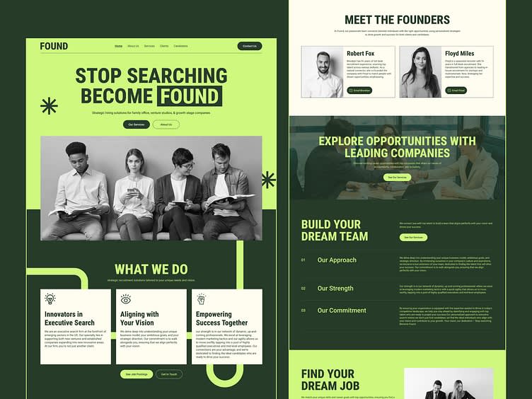 Bright green colors and slate gray website color contrast design example for a job seeking platform.