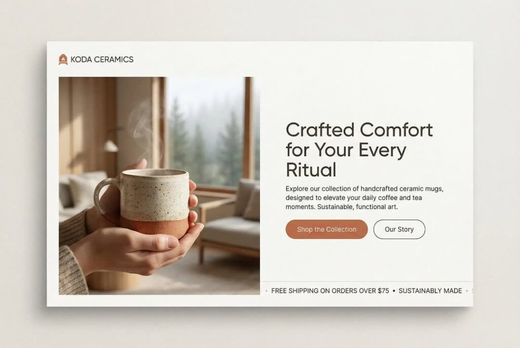 Cream and terracotta color contrast design example used for the hero section of a ceramics brand website.