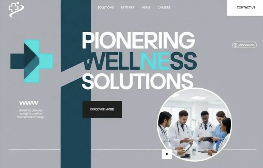 Healthcare landing page hero block, an electric blue and stone gray saturation color contrast example.