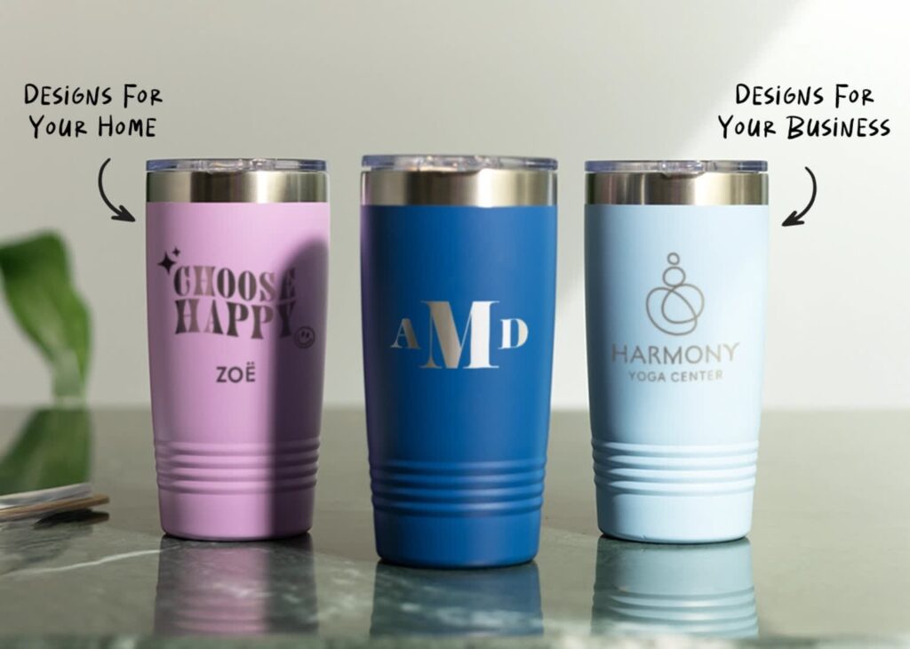 Set of three personalized travel tumblers in pink, blue and baby blue, one with business logo, one with name and one with initials.