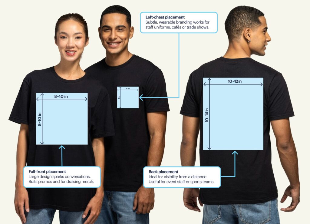 Three people wearing black shirts with placement measurements on the chest and back to show how to measure and plan for T-shirt designs.