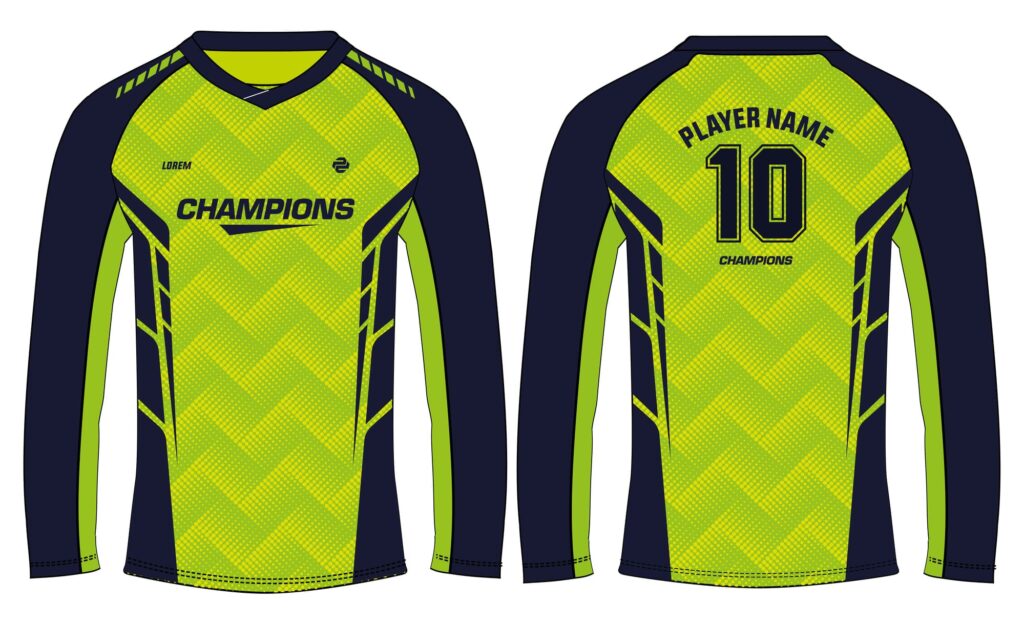 Front and back views of a bright green long-sleeve sports shirt with dark sleeves, geometric patterning, player name and number.