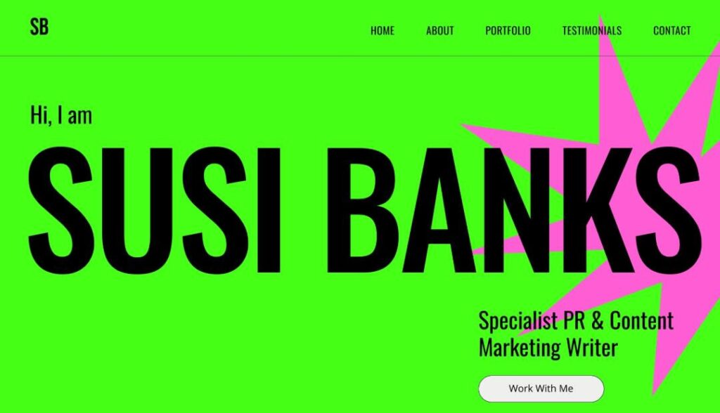 Complementary magenta and neon green color contrast design example, a website for a specialist marketing writer and copy-editor.