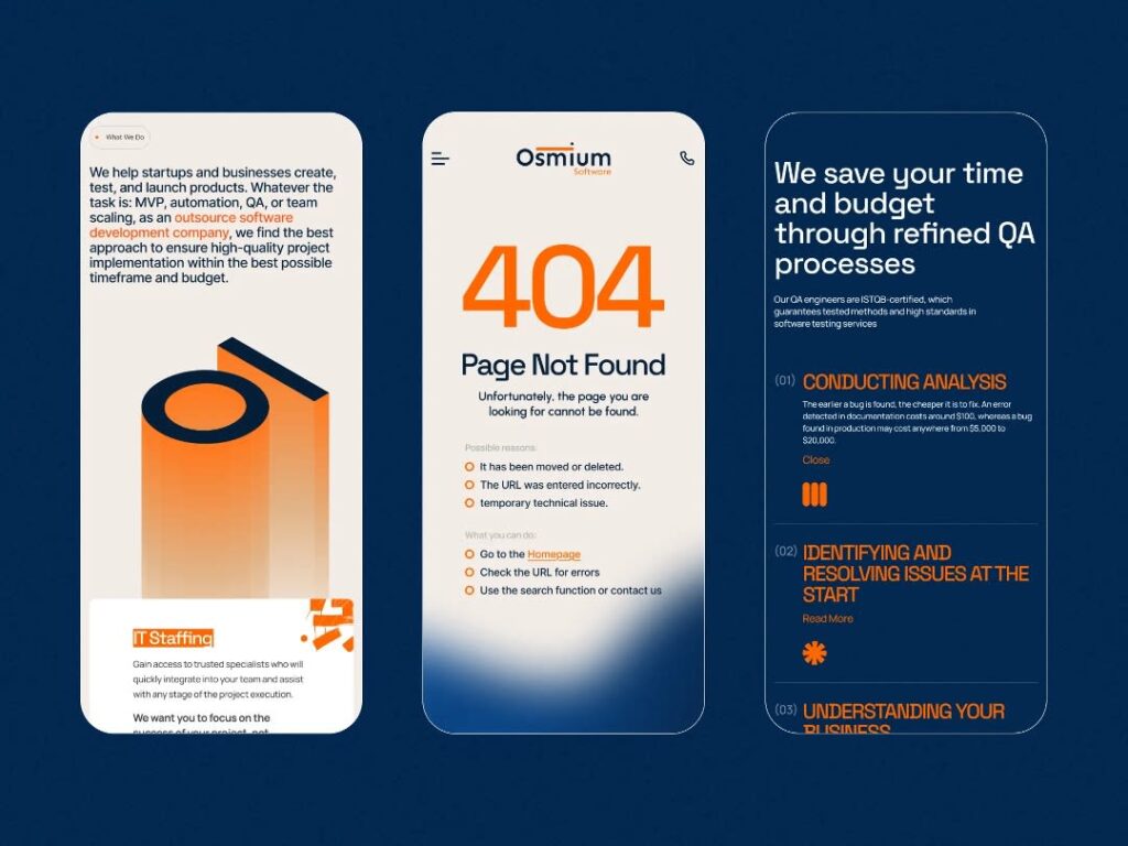Three different mobile web pages as the navy and burnt orange complimentary color contrast design example.
