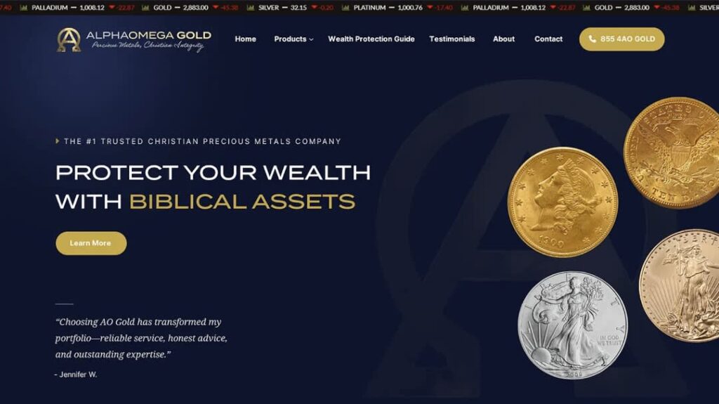 A color proportion Alpha Omega Gold website color contrast design example featuring navy blue and gold accents.