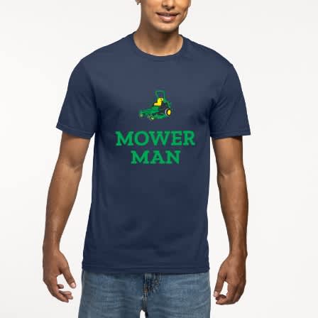 Navy T-shirt with green lawnmower graphic and green font underneath &ldquo;MOWER MAN.&rdquo;