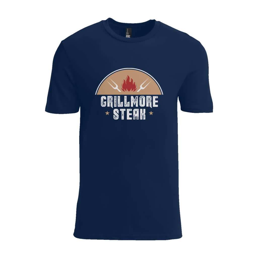 Navy T-shirt with with fire and fork graphic and white font &ldquo;GRILLMORE STEAK&rdquo;.