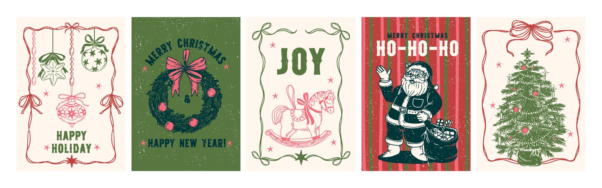 Selection of Nostalgic Christmas cards featuring Santa, greenery and retro color schemes.