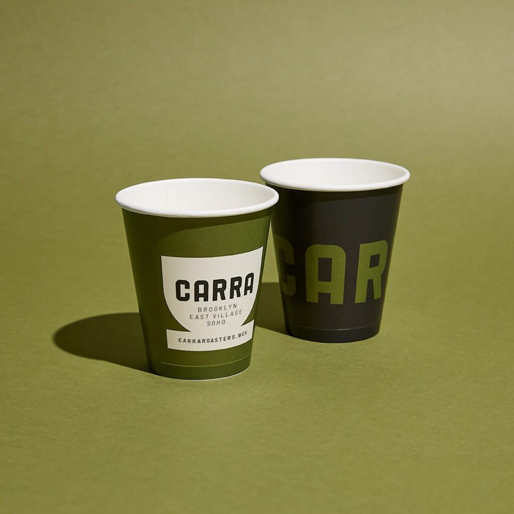 A green paper cup design for a coffee company.